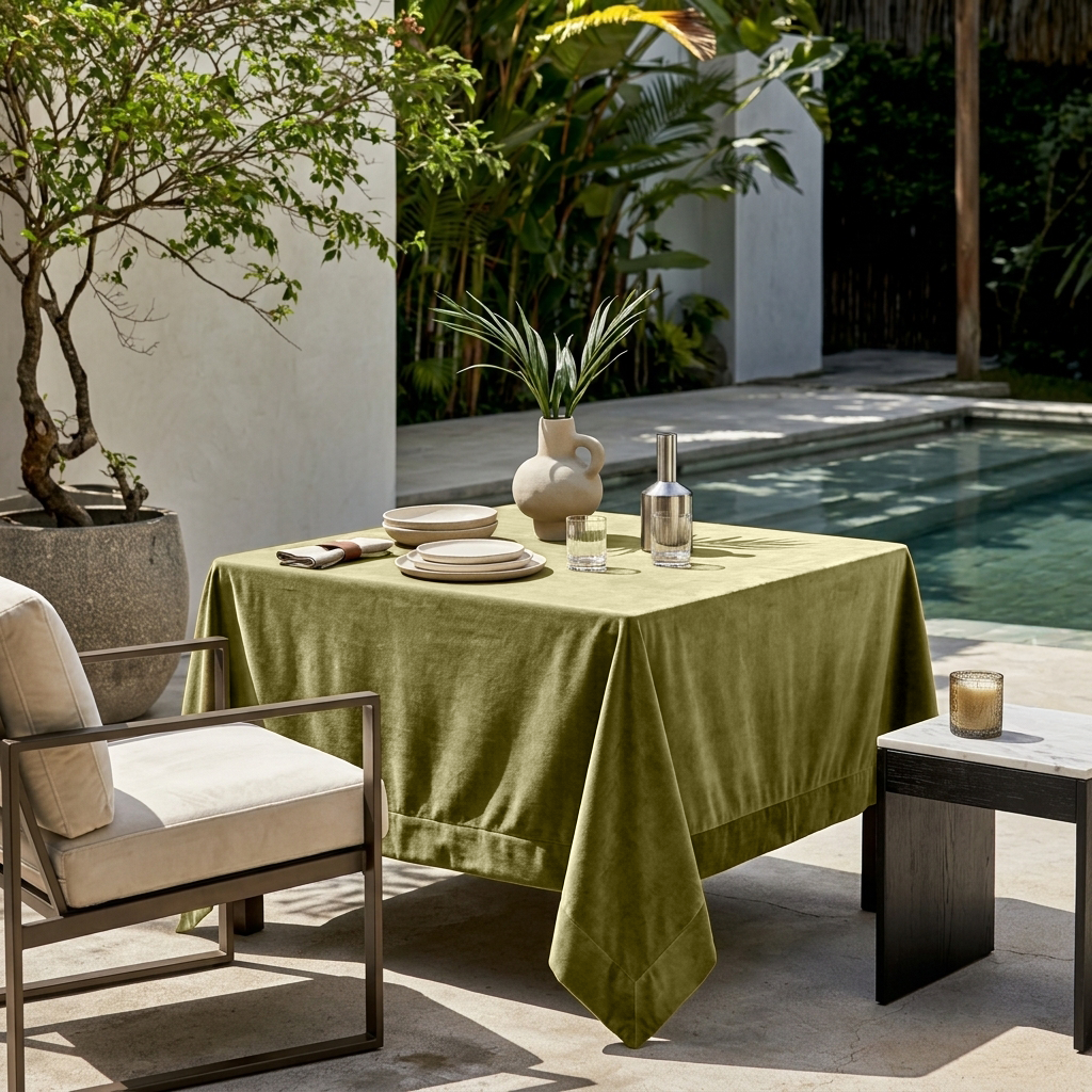 Moss Green Square Velvet Tablecloth in a Modern Outdoor Dining Area with a Swimming Pool and Tropical Greenery
