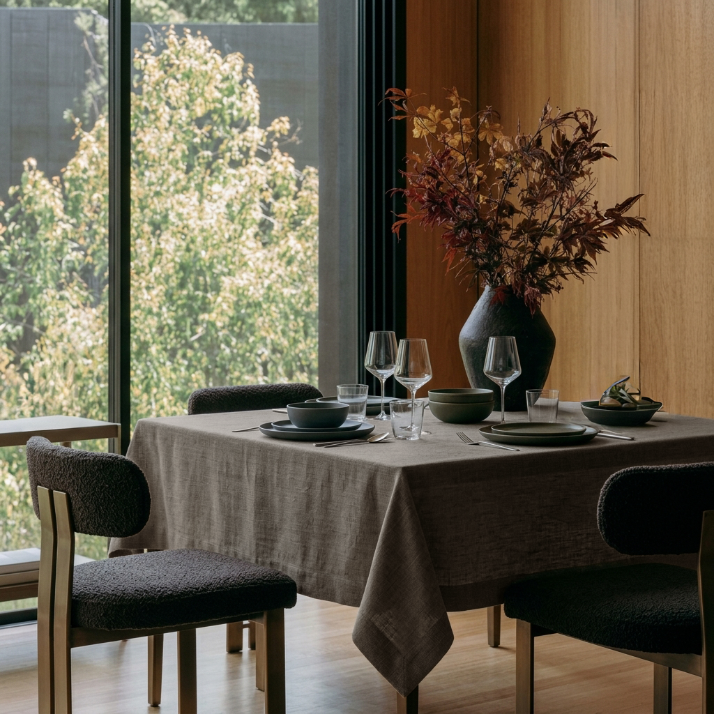 Natural Square Heavy Weight Linen Tablecloth in a Modern Dining Room with Black Bouclé Chairs