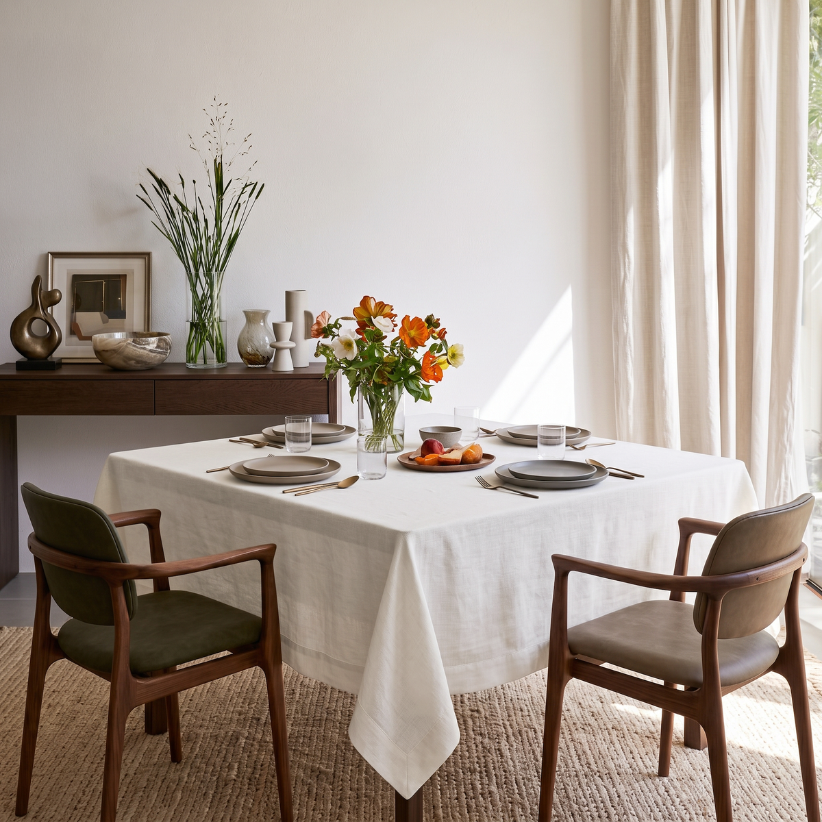 Off-White Square Heavy Weight Linen Tablecloth in a Modern Dining Room with Neutral Curtains and a Colorful Floral Centerpiece