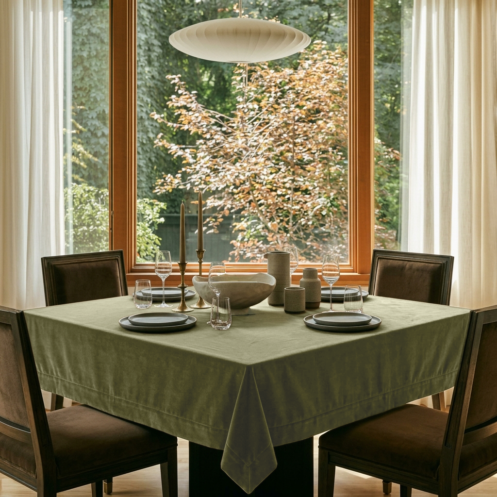Olive Green Square Velvet Tablecloth in a Mid-Century Modern Dining Room with a Large Wooden-Framed Window
