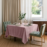 Pink Square Velvet Tablecloth in an Elegant Dining Room with Sage Velvet Chairs