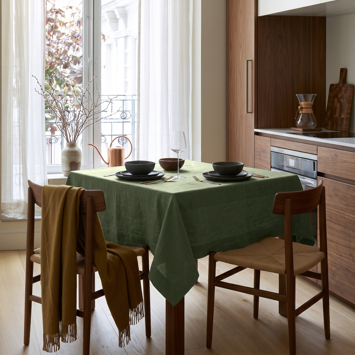 Sage Green Square Linen Tablecloth in a Modern Kitchen with Walnut Cabinetry and Natural Wood Chairs
