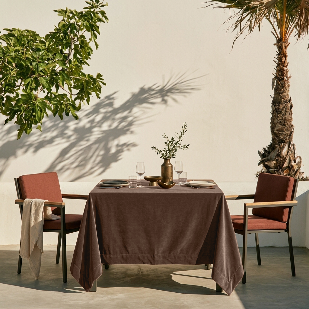Chocolate Brown Square Velvet Tablecloth in an Outdoor Dining Area with Rust-Colored Chairs