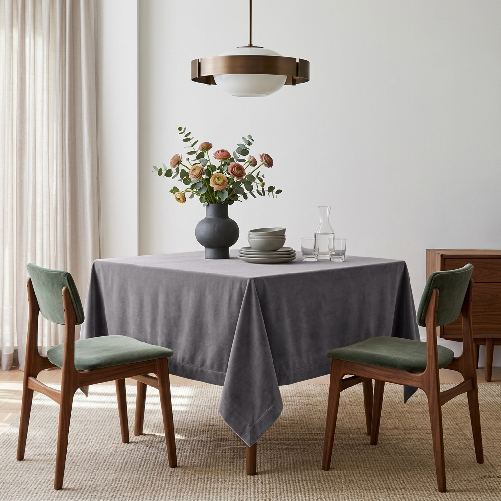 Grey Square Velvet Tablecloth in a Minimalist Dining Room with Green Chairs