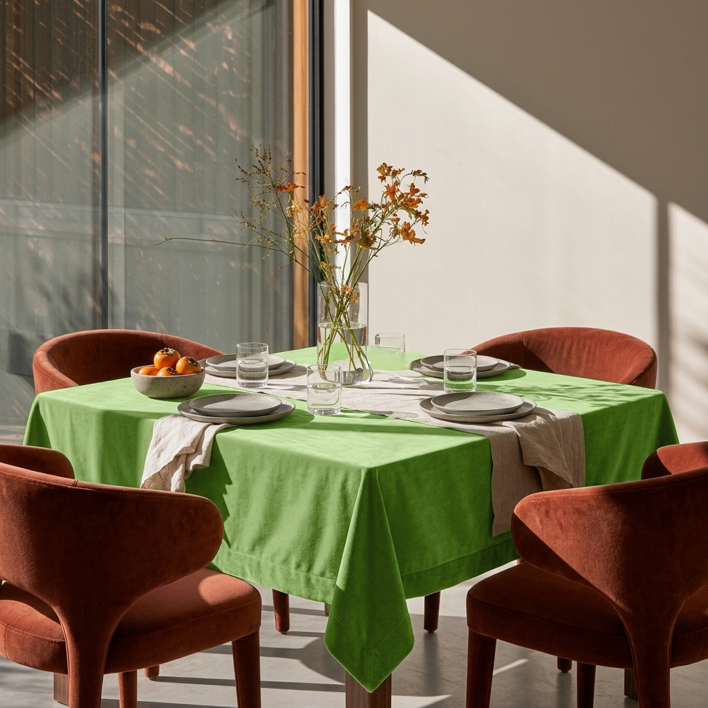 Light Green Square Velvet Tablecloth in a Modern Dining Room with Rust Upholstered Chairs