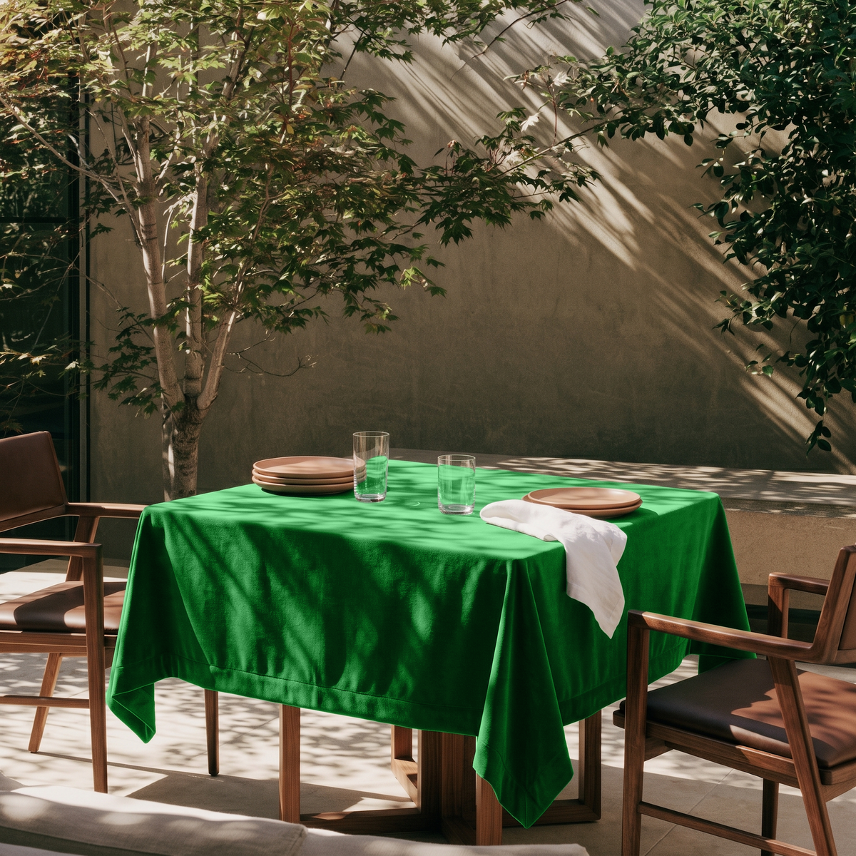 Lime Green Square Velvet Tablecloth in a Modern Outdoor Dining Area with Wooden Armchairs