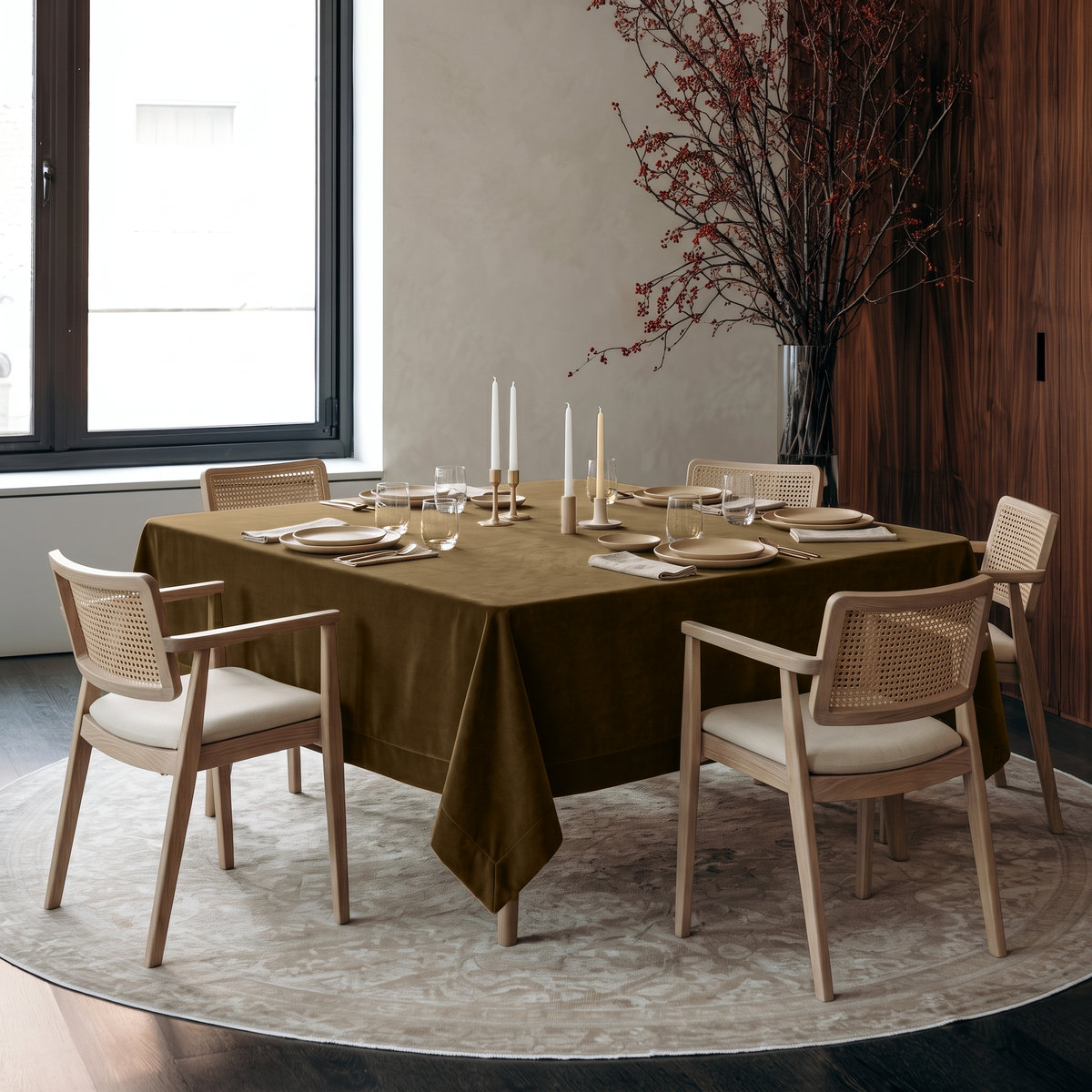 Olive Brown Square Velvet Tablecloth in a Modern Dining Room with Cane Chairs and a Dark Wood Accent Wall