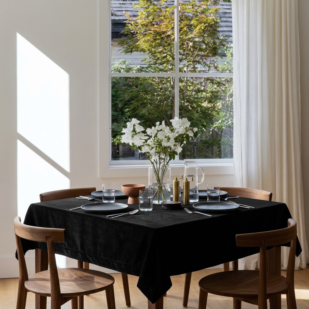 Black Square Velvet Tablecloth in a Contemporary Dining Room with Wooden Chairs