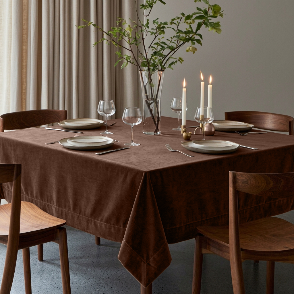 Chocolate Brown Square Velvet Tablecloth in a Contemporary Dining Room with Wooden Chairs