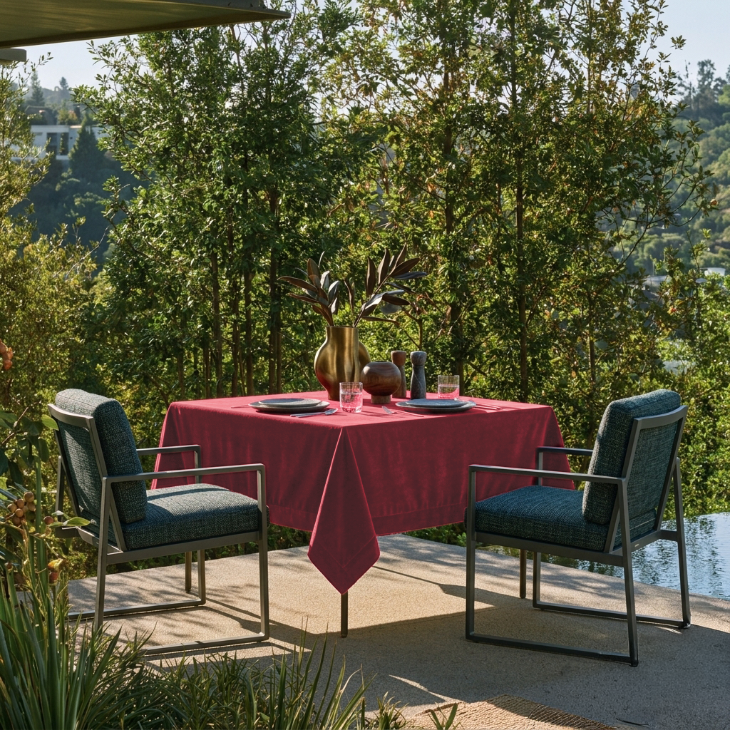 Dark Deep Red Square Velvet Tablecloth in a Modern Outdoor Dining Area with Garden Views and Metal Armchairs