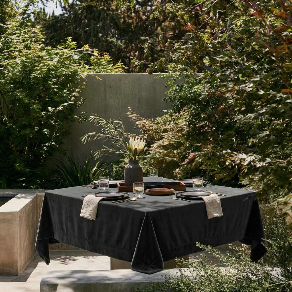 Dark Grey Square Velvet Tablecloth in an Outdoor Dining Area