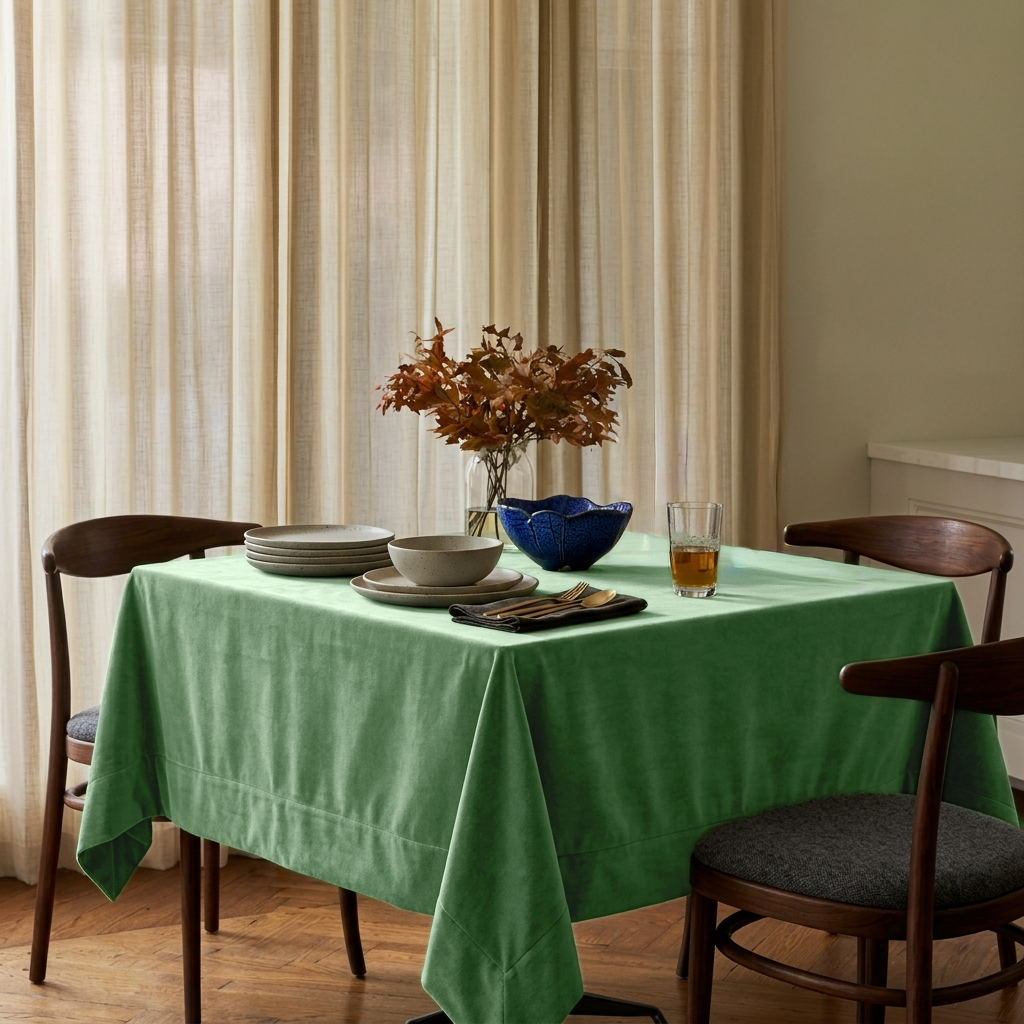 Fern Green Square Velvet Tablecloth in a Contemporary Dining Room with Floor-to-Ceiling Curtains and Walnut Chairs