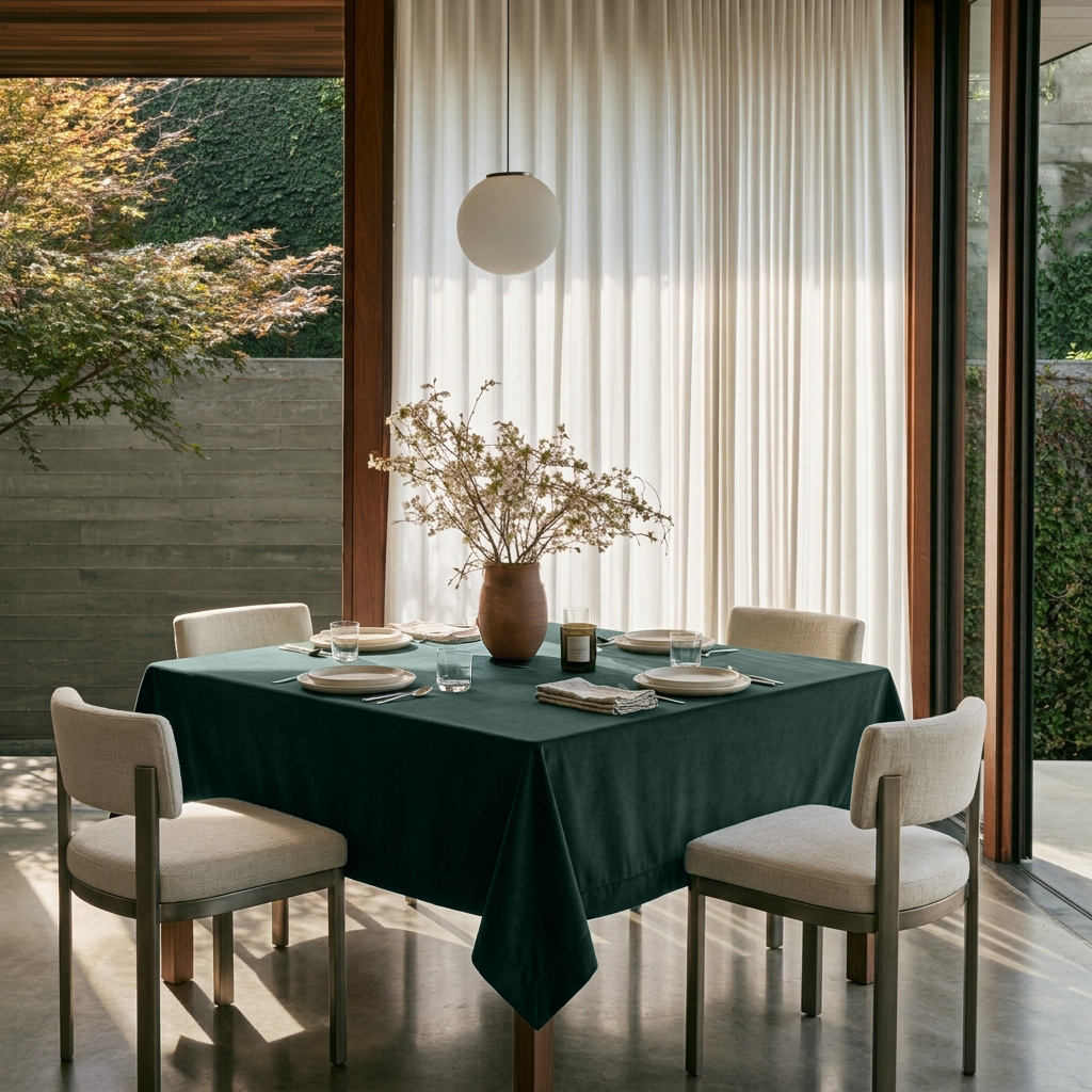Hunter Green Square Velvet Tablecloth in a Modern Dining Room with Sheer Curtains and White Upholstered Chairs