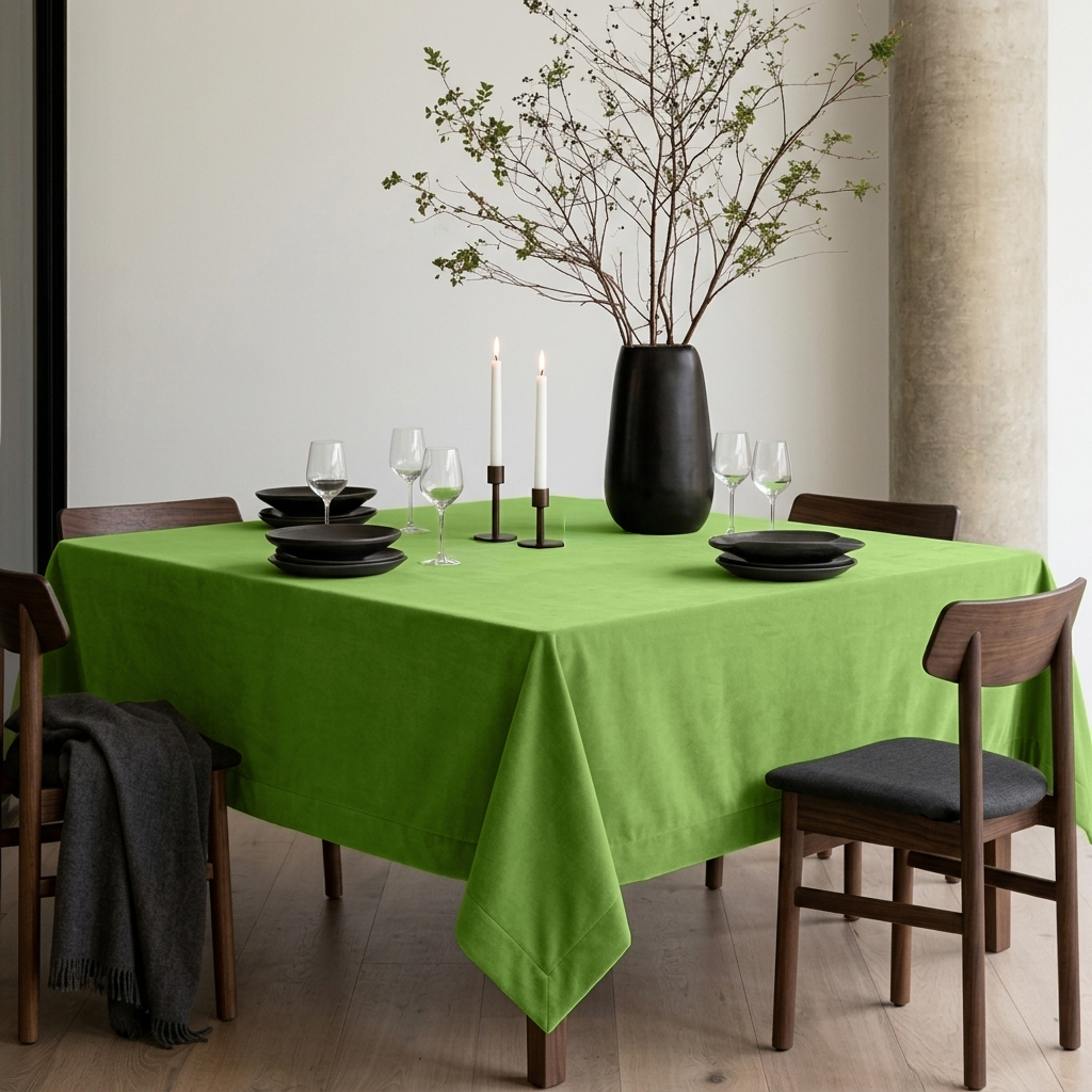 Light Green Square Velvet Tablecloth in a Minimalist Dining Room with Concrete Column and Black Tableware