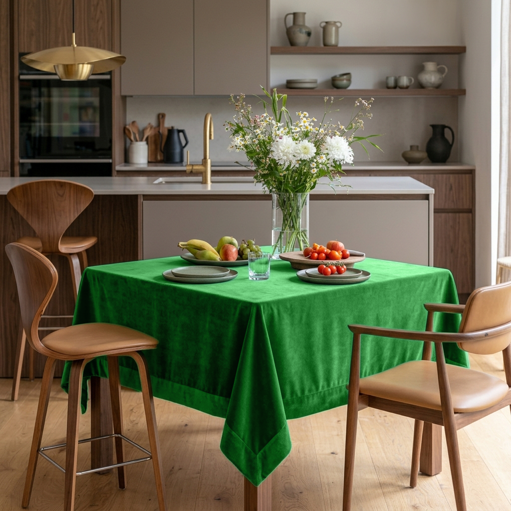 Lime Green Square Velvet Tablecloth in a Contemporary Kitchen with Warm Wood Cabinetry and White Floral Arrangement