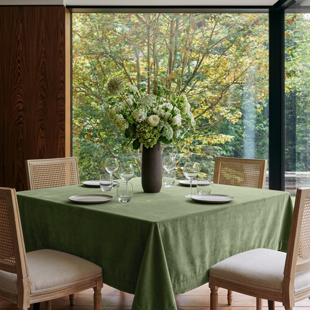 Sage Green Square Velvet Tablecloth in a Mid-Century Modern Dining Room with Floor-to-Ceiling Windows and Cane Chairs