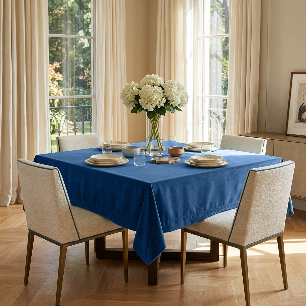 Steel Blue Square Velvet Tablecloth in a Transitional Dining Room with Cream Upholstered Chairs