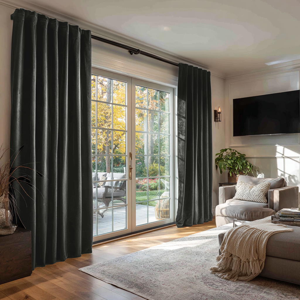 Steel Black Velvet Back Tab Blackout Curtains for Sliding Doors in a Living Room with Off-White Walls
@Heading: Back Tabs