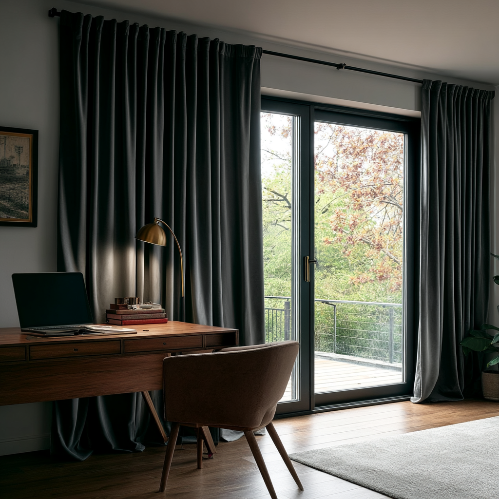 Steel Black Velvet Back Tab Sliding Patio Door Curtains in a Contemporary Home Office with a Wood Desk