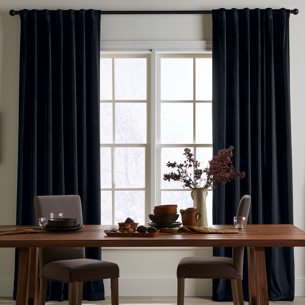 A cozy dining room with tall windows, dark navy curtains, a wooden table, upholstered chairs, simple tableware, and a decorative vase with burgundy branches