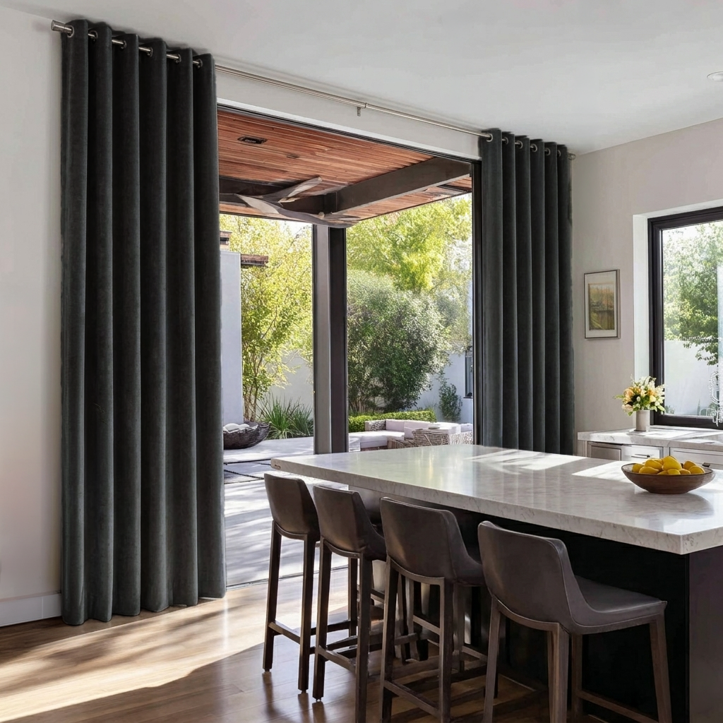 Steel Black Velvet Grommet Blackout Curtains for Sliding Doors in a Kitchen with White Walls
@Heading: Grommets
