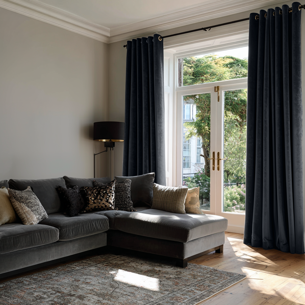 Steel Black Velvet Grommet Curtains in a Transitional Living Room with a Grey Sectional Sofa