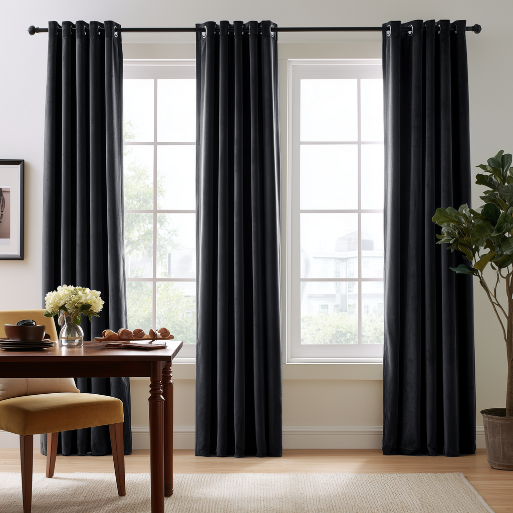 A bright modern dining room with tall windows, elegant black curtains, a dark wooden table, a beige chair, fresh flowers, and a large indoor plant
