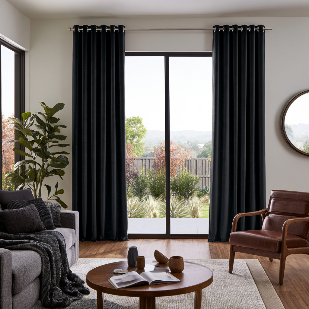 Steel Black Velvet Grommet Extra Long Curtains in a Modern Living Room with Leather Armchair and Garden View