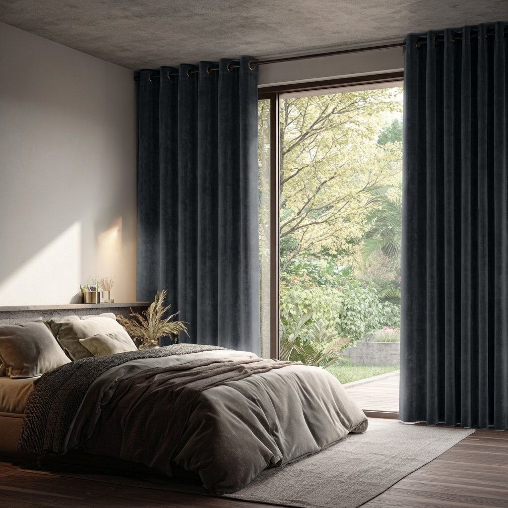Steel Black Velvet Grommet Sliding Patio Door Curtains in a Modern Bedroom with Layered Dark Bedding