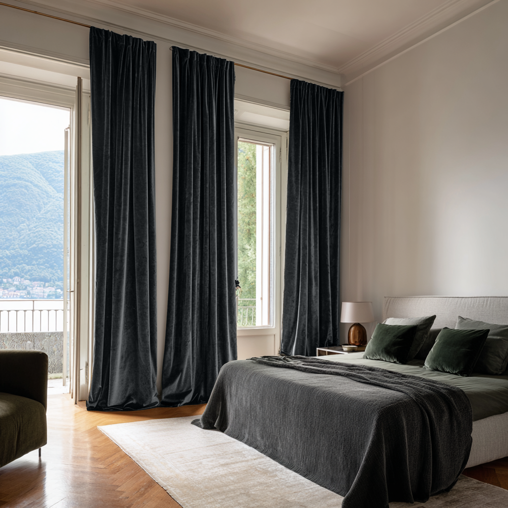 Steel Black Velvet Multitape Soundproof Curtains in a Contemporary Bedroom with a Light Upholstered Bed