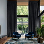 Steel Black Velvet Pencil Pleat Blackout Curtains for Sliding Doors in a Living Room with Light Grey Walls
@Heading: Pencil Pleat