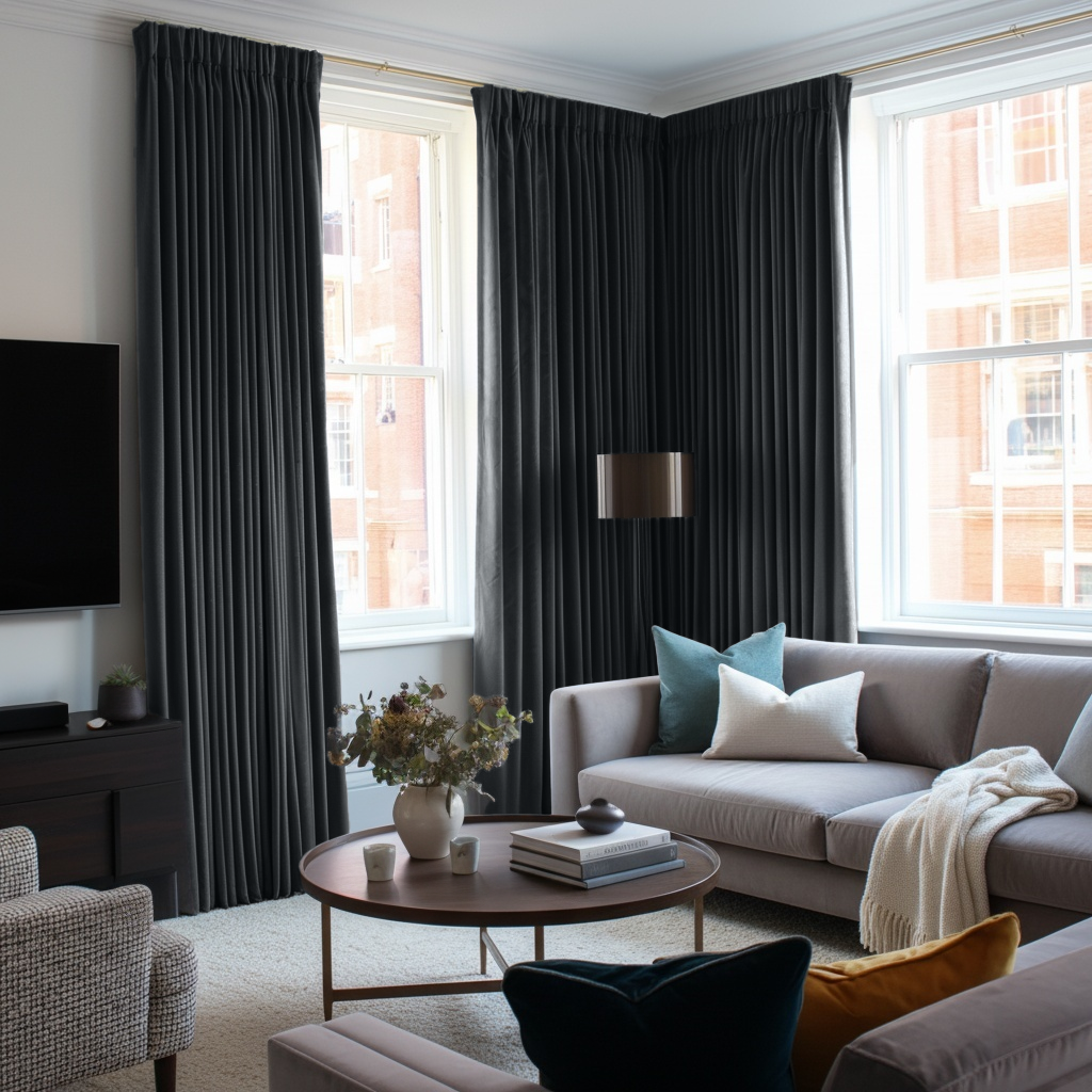 Steel Black Velvet Pencil Pleat Curtains in a Contemporary Living Room with a Round Wood Coffee Table