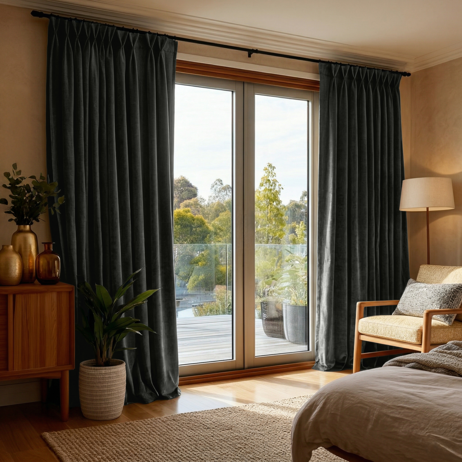 Steel Black Velvet Pinch Pleat Blackout Curtains for Sliding Doors in a Bedroom with Cream Walls
@Heading: Pinch Pleat