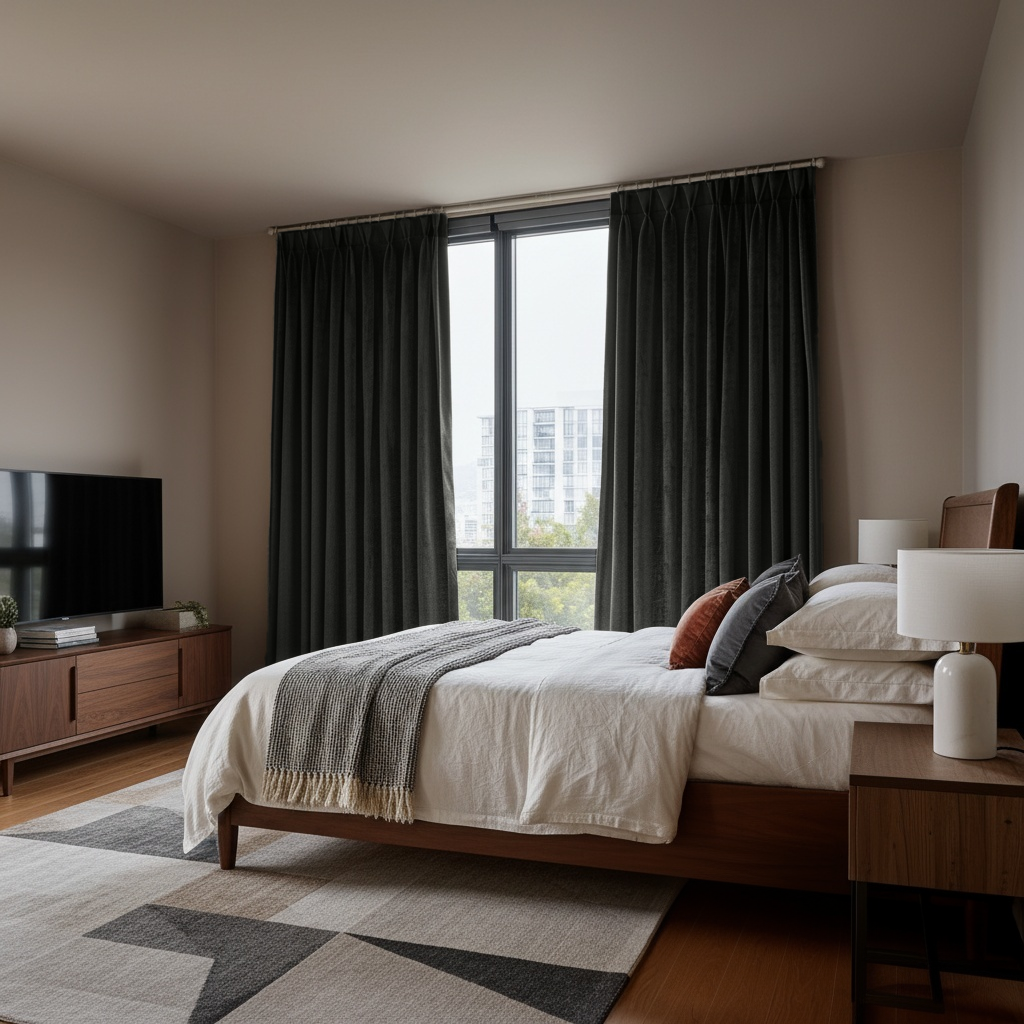 Steel Black Velvet Pinch Pleat Blackout Curtains in a Bedroom with Beige Walls