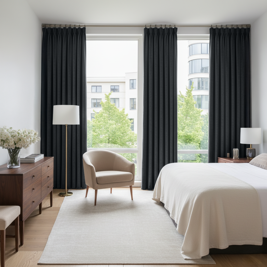 Steel Black Velvet Pinch Pleat Curtains in a Minimalist Bedroom with White Bedding