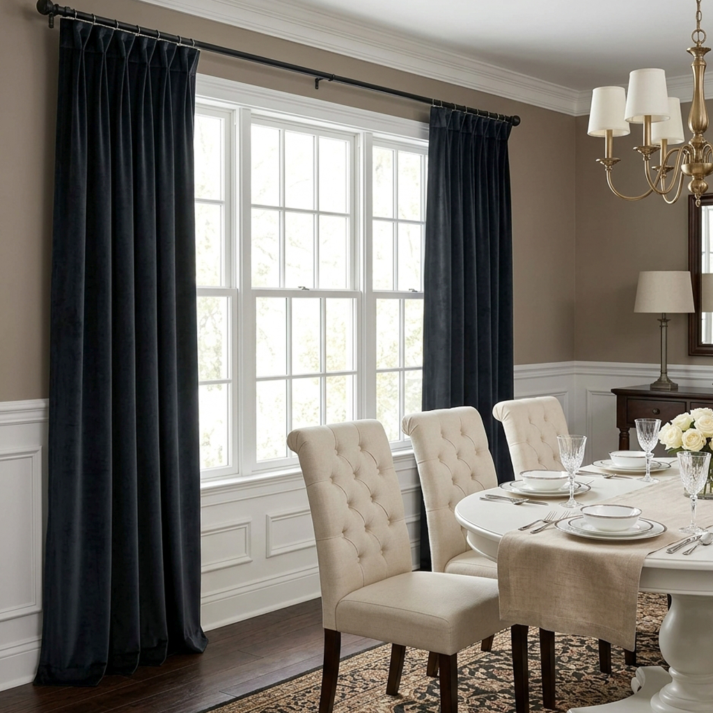 A bright American-style dining room with a large window, dark navy curtains, a round white dining table, and upholstered beige chairs. The elegant interior features classic lighting, tableware, and fresh flowers