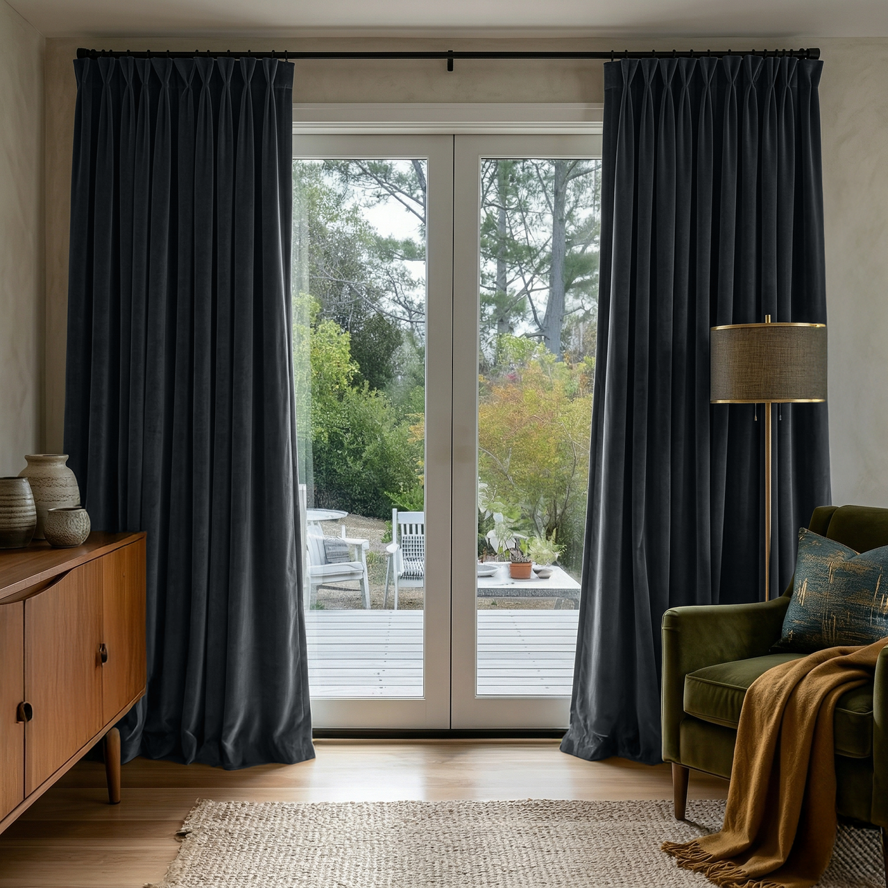 Steel Black Velvet Pinch Pleat Sliding Patio Door Curtains in a Mid-Century Reading Room with a Green Velvet Armchair