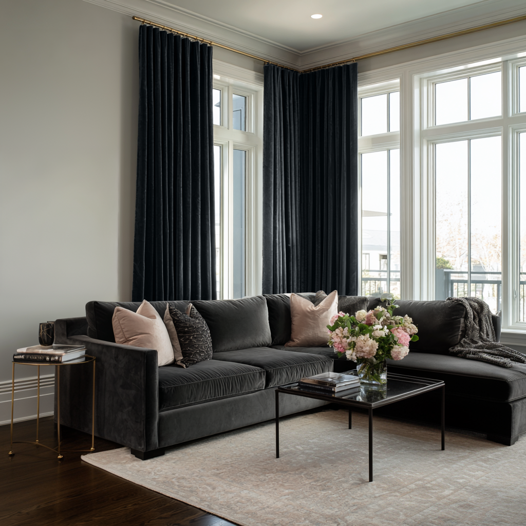 Steel Black Velvet S-Fold Curtains in a Transitional Living Room with a Dark Sectional