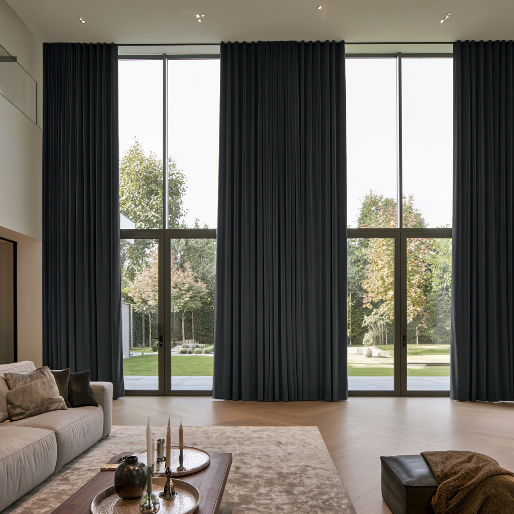 Steel Black Velvet S-Fold Extra Long Curtains in a Modern Double-Height Living Room with Floor-to-Ceiling Windows and Garden View