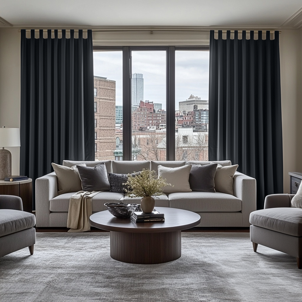 Steel Black Velvet Tab Top Curtains in a Contemporary Living Room with a White Sofa