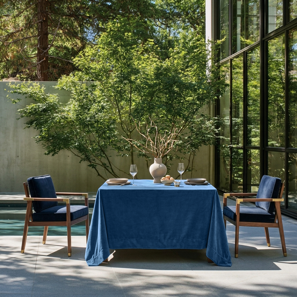 Steel Blue Square Velvet Tablecloth in a Modern Outdoor Dining Area