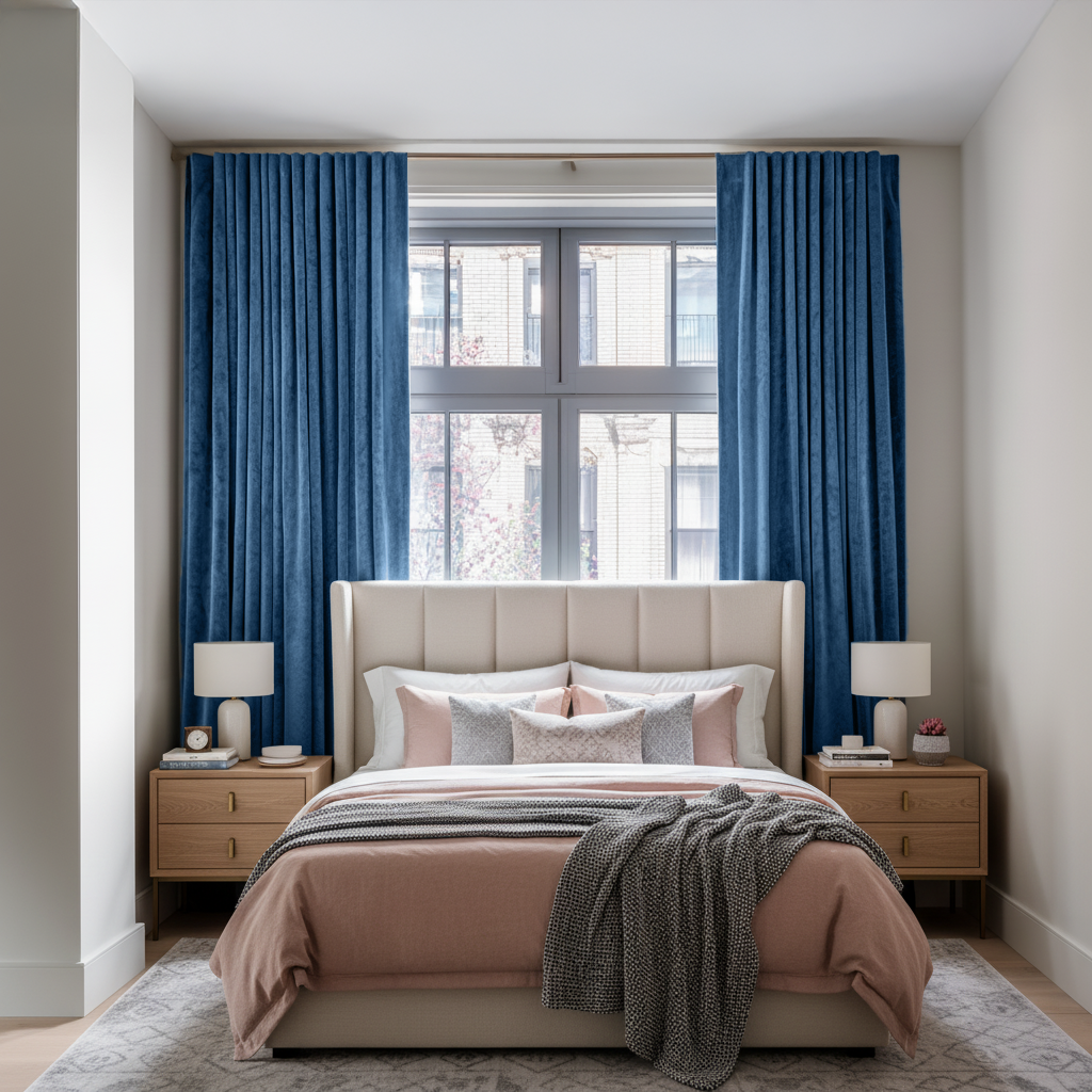 Steel Blue Velvet Back Tab Blackout Curtains in a Bedroom with White Walls