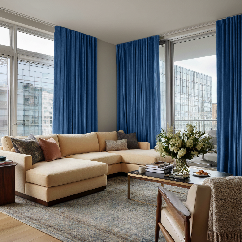 Steel Blue Velvet Back Tab Blackout Curtains in a Living Room with Off-White Walls