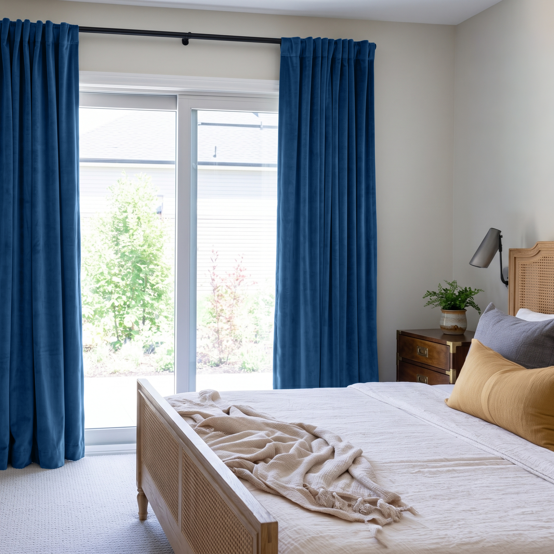 Steel Blue Velvet Back Tab Curtains for Sliding Door in a Bright Bedroom with Cream Walls, Cane Bed, and Warm Wood Nightstand
@Heading: Back Tabs