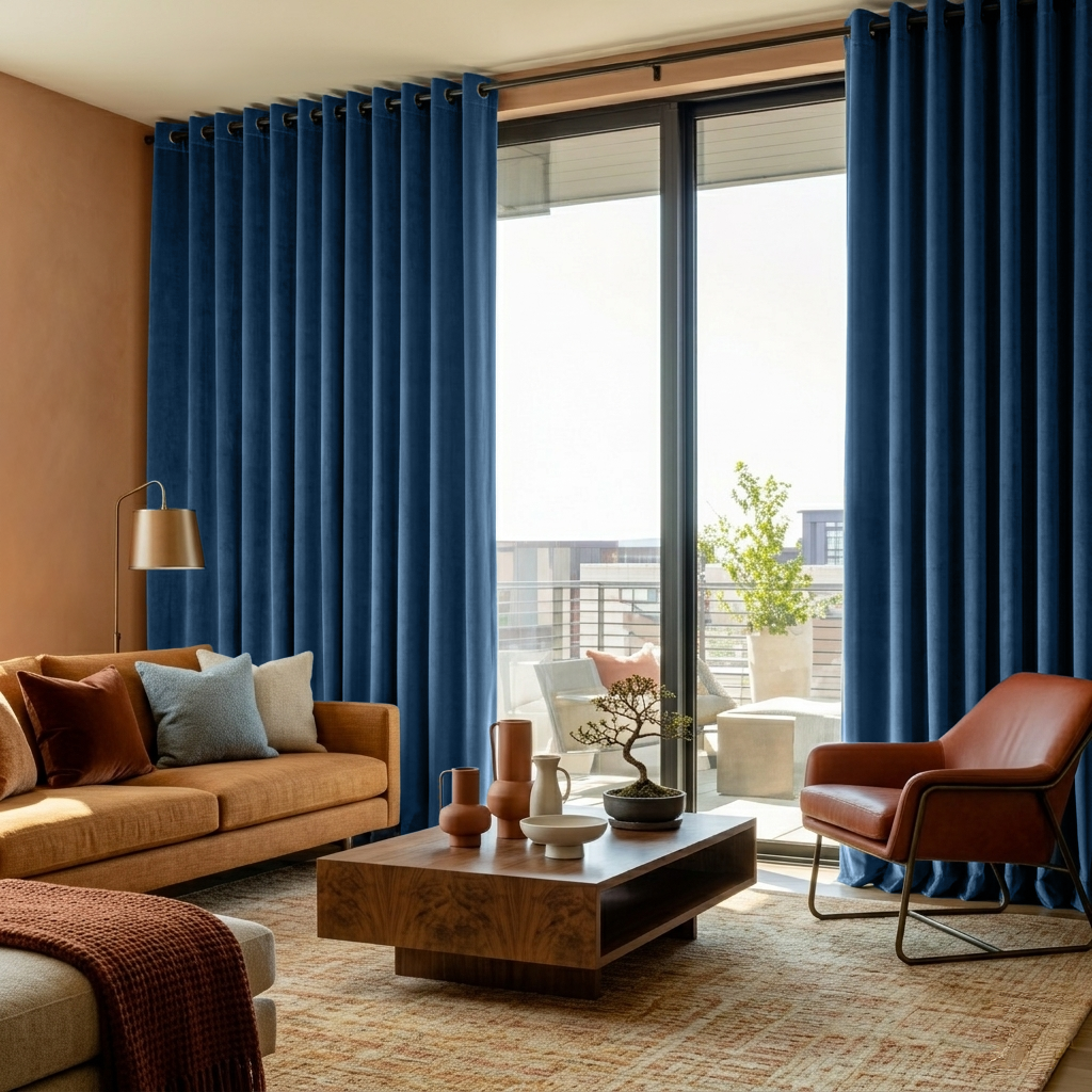 Steel Blue Velvet Grommet Blackout Curtains for Sliding Doors in a Living Room with Ochre Yellow Walls
