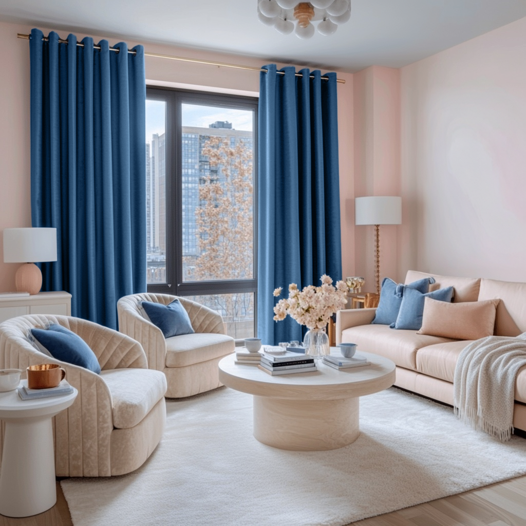 Steel Blue Velvet Grommet Blackout Curtains in a Living Room with Blush Pink Walls