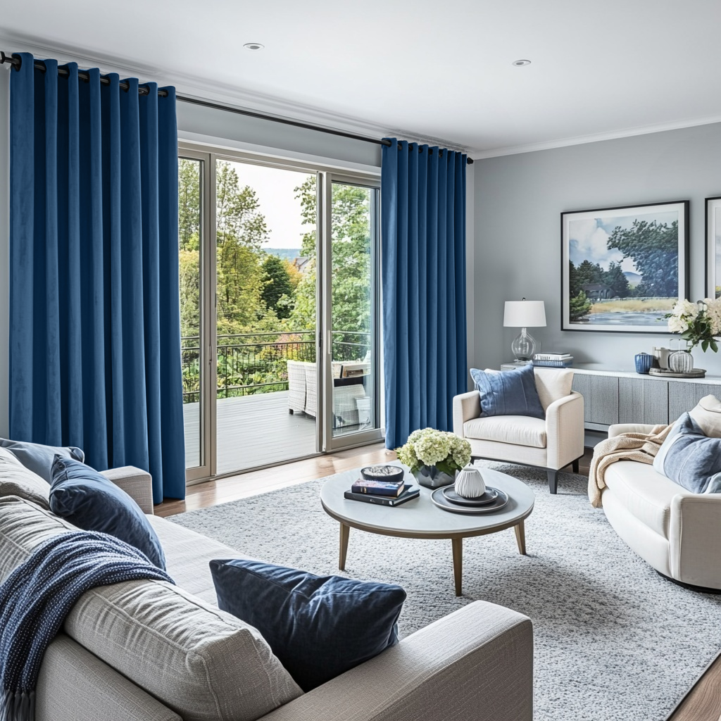 Steel Blue Velvet Grommet Blackout Curtains in a Living Room with Light Soft Grey Walls