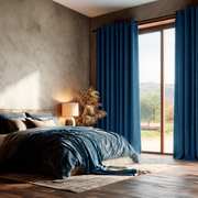 Steel Blue Velvet Grommet Curtains for Sliding Door in a Moody Bedroom with Textured Taupe Walls, Wood-Framed Glass Doors, and Warm Bedside Lighting
@Heading: Grommets