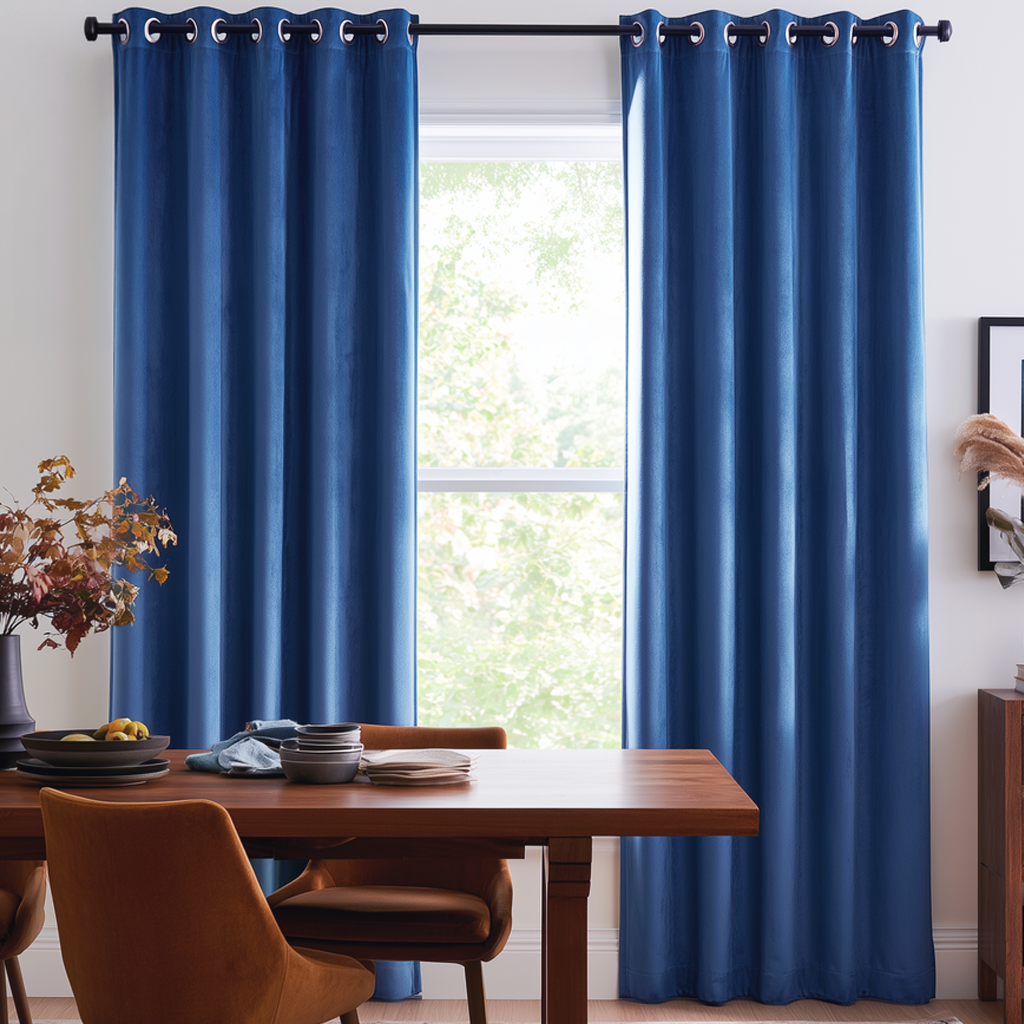 Steel Blue velvet Curtains in a Dining Room with Neutral Walls and a Large Brown Table, Brown Upholstered Chairs