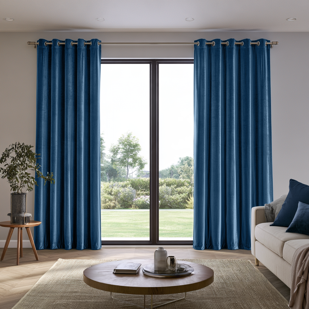 Steel Blue Velvet Grommet Extra Long Curtains in a Contemporary Living Room with Sliding Glass Doors